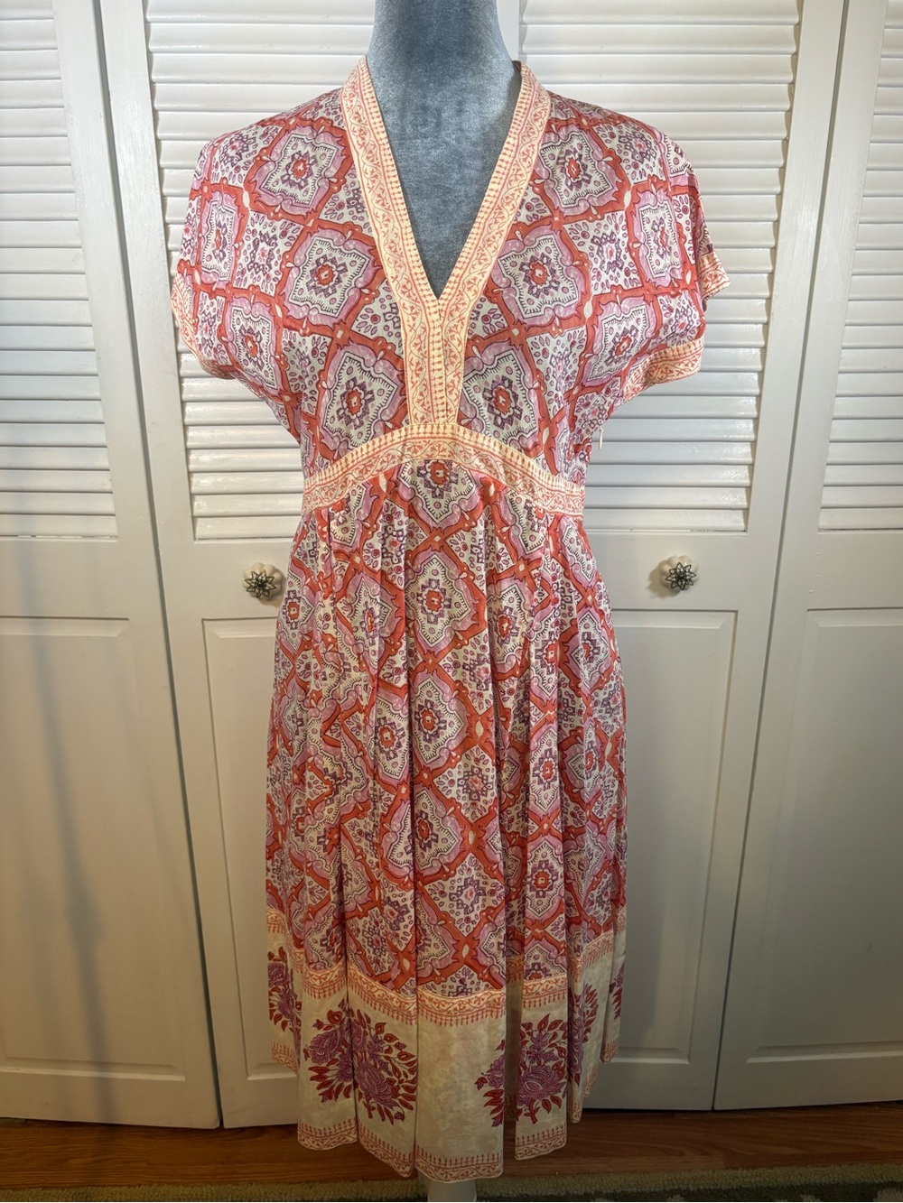 Matta NY Kheera Dress V-Neck Midi Dress Coral and Cream Size S